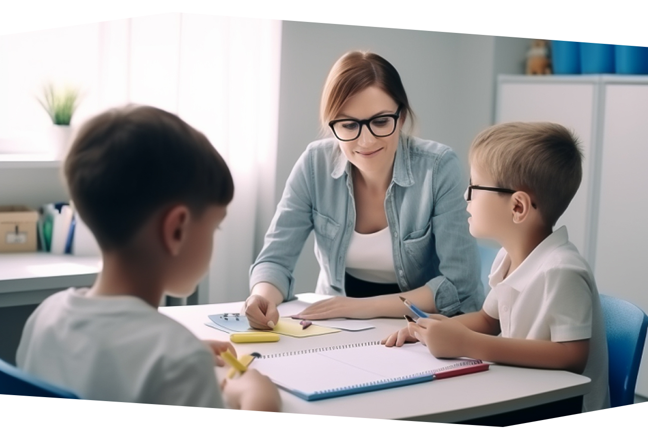 Schulbegleitung MDLI Schulbegleiterin sitzt neben Kind im Klassenraum und hilft ihm